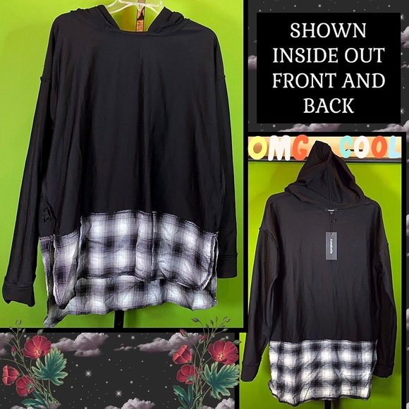 M  NWT BLACK & PLAID TRIM HOODIE/HOODED TUNIC COTTON POLYESTER BLEND - ANNABELLE - Picture 9 of 13